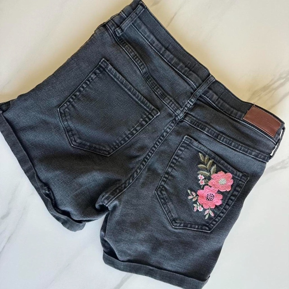 Hollister Black Denim Shorts with Pink Floral Embroidery